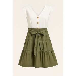 Altar'd State Button Front Tie Waist Dress White Olive Poplin‎ Tiered Medium NWT